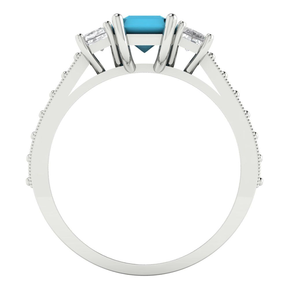 1.88 cttw Simulated Turquoise Three-Stone Engagement Ring - Solid White Gold (VVS1, Emerald Cut,7x5mm)