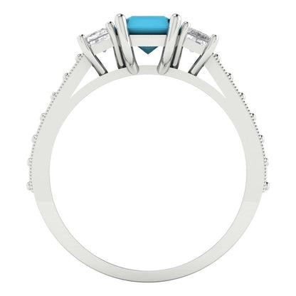 1.88 cttw Simulated Turquoise Three-Stone Engagement Ring - Solid White Gold (VVS1, Emerald Cut,7x5mm)