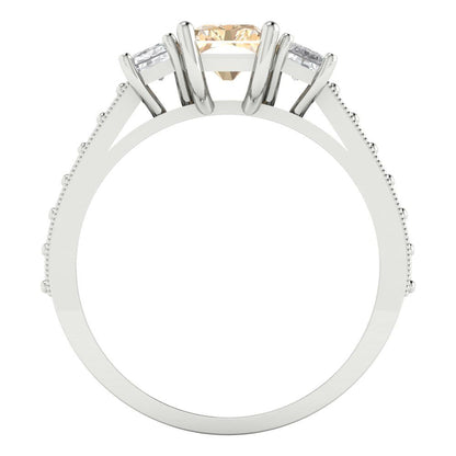 1.88 cttw Natural Morganite Three-Stone Engagement Ring - Solid White Gold (VVS1, Emerald Cut,7x5mm)