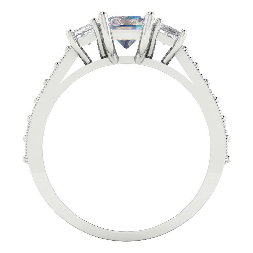 1.88 cttw Blue Moissanite Three-Stone Engagement Ring - Solid Gold (Emerald Cut,7x5mm)