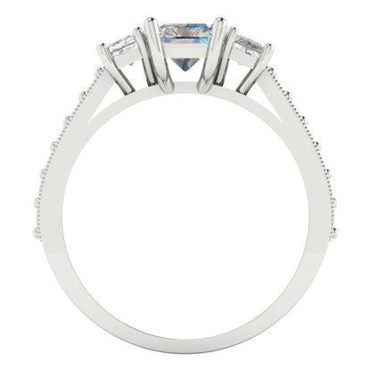 1.88 cttw Blue Moissanite Three-Stone Engagement Ring - Solid Gold (Emerald Cut,7x5mm)