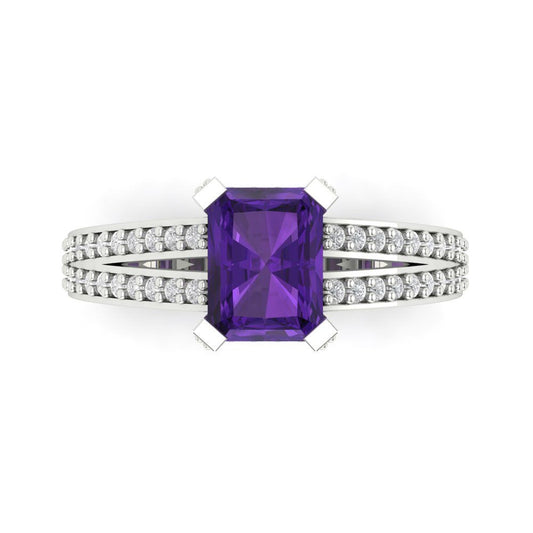 2.35 cttw Natural Amethyst Solitaire with Zirconia Simulated Diamond Accents Engagement Ring - Solid White Gold (VVS1, Emerald Cut,8x6mm)