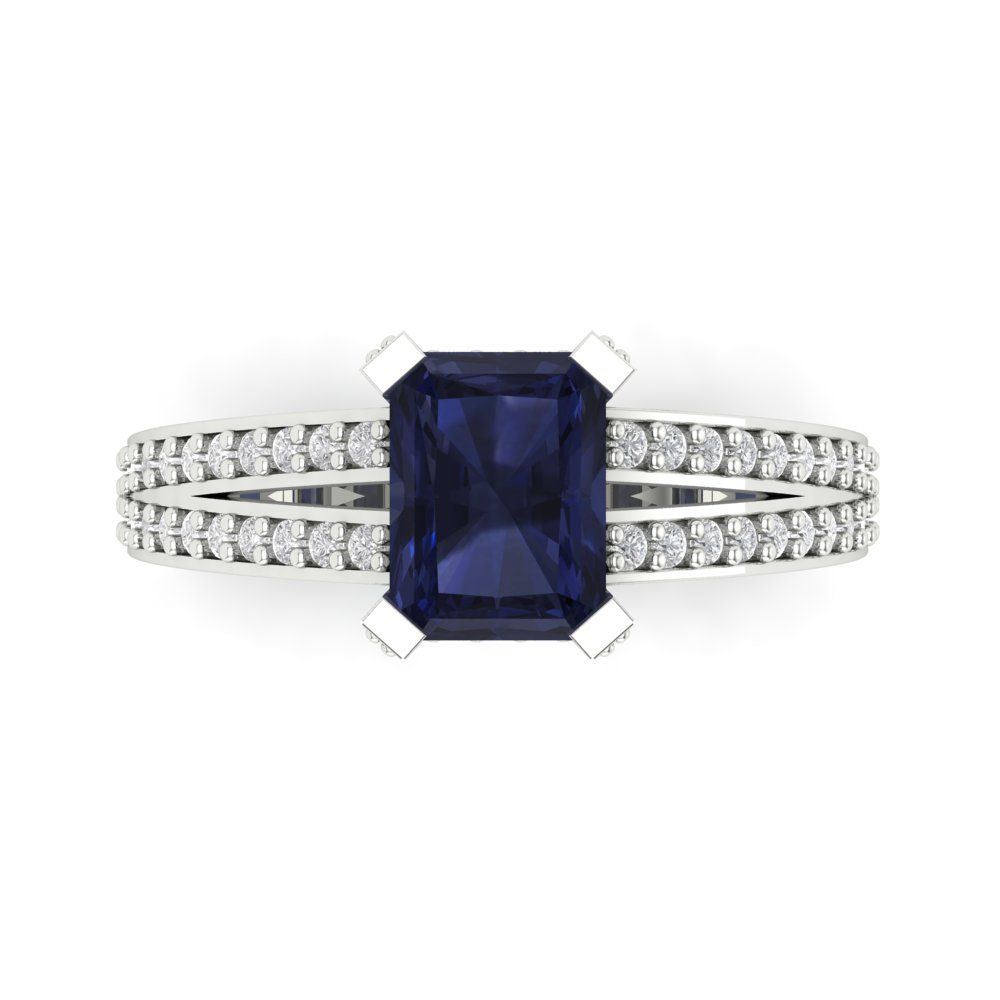 2.35 cttw Simulated Blue Sapphire Solitaire with Zirconia Simulated Diamond Accents Engagement Ring - Solid Gold (Emerald Cut,8x6mm)