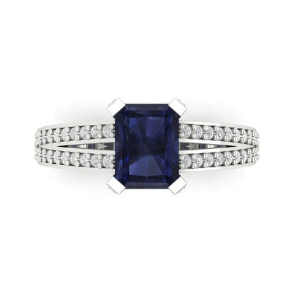 2.35 cttw Simulated Blue Sapphire Solitaire with Zirconia Simulated Diamond Accents Engagement Ring - Solid Gold (Emerald Cut,8x6mm)