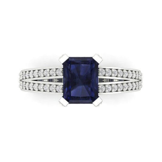2.35 cttw Simulated Blue Sapphire Solitaire with Zirconia Simulated Diamond Accents Engagement Ring - Solid White Gold (VVS1, Emerald Cut,8x6mm)