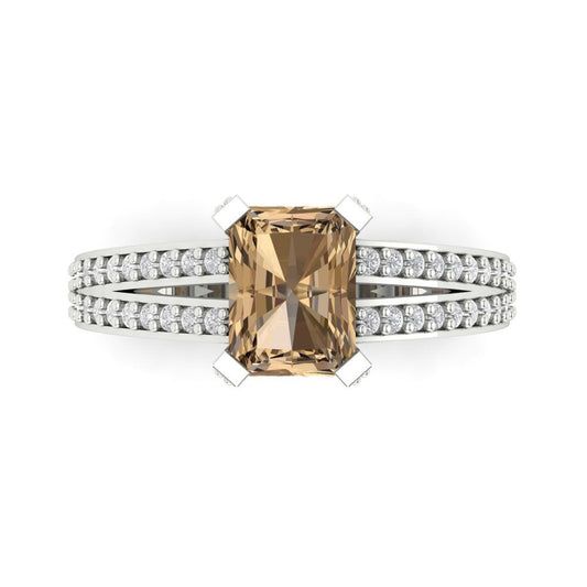 2.35 cttw Zirconia Simulated Champagne Diamond Solitaire with Zirconia Simulated Diamond Accents Engagement Ring - Solid White Gold (VVS1, Emerald Cut,8x6mm)