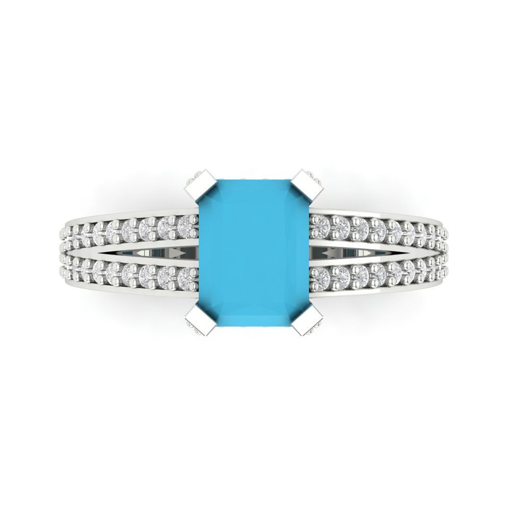 2.35 cttw Simulated Turquoise Solitaire with Zirconia Simulated Diamond Accents Engagement Ring - Solid Gold (Emerald Cut,8x6mm)