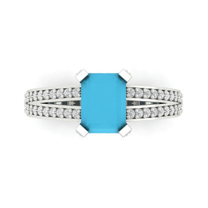 2.35 cttw Simulated Turquoise Solitaire with Zirconia Simulated Diamond Accents Engagement Ring - Solid Gold (Emerald Cut,8x6mm)