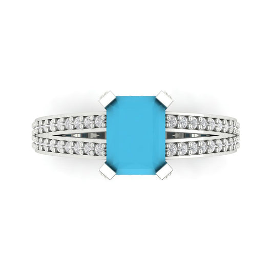 2.35 cttw Simulated Turquoise Solitaire with Zirconia Simulated Diamond Accents Engagement Ring - Solid White Gold (VVS1, Emerald Cut,8x6mm)