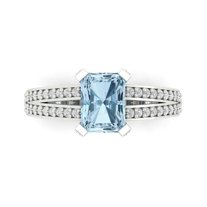 2.35 cttw Zirconia Simulated Blue Diamond Solitaire with Zirconia Simulated Diamond Accents Engagement Ring - Solid Gold (VVS1, Emerald Cut,8x6mm)