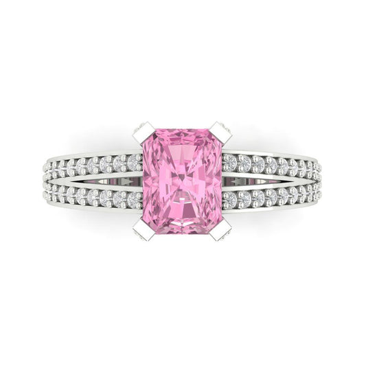 2.35 cttw Zirconia Simulated Pink Diamond Solitaire with Zirconia Simulated Diamond Accents Engagement Ring - Solid White Gold (VVS1, Emerald Cut,8x6mm)