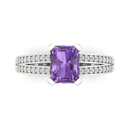2.35 cttw Simulated Alexandrite Solitaire with Zirconia Simulated Diamond Accents Engagement Ring - Solid White Gold (VVS1, Emerald Cut,8x6mm)