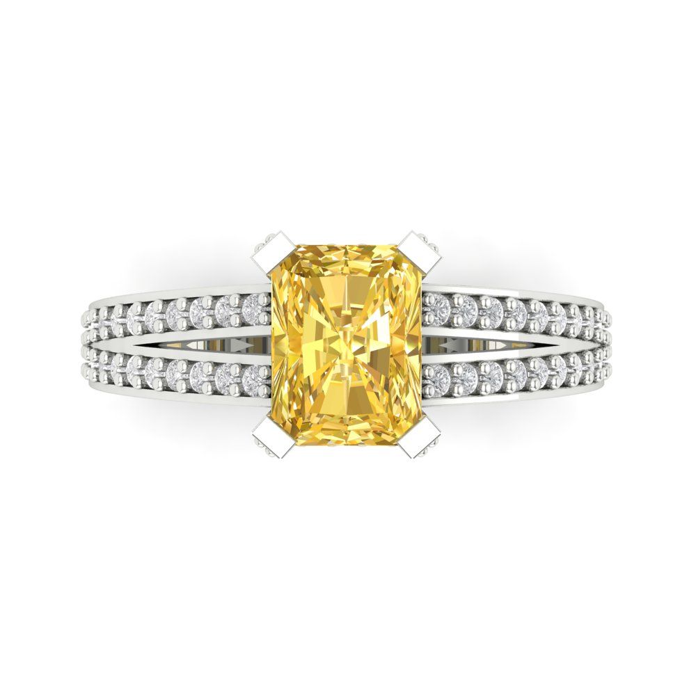 2.35 cttw Zirconia Simulated Yellow Diamond Solitaire with Zirconia Simulated Diamond Accents Engagement Ring - Solid Gold (VVS1, Emerald Cut,8x6mm)