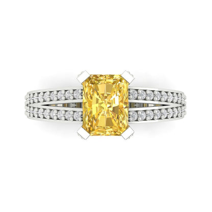 2.35 cttw Zirconia Simulated Yellow Diamond Solitaire with Zirconia Simulated Diamond Accents Engagement Ring - Solid Gold (VVS1, Emerald Cut,8x6mm)