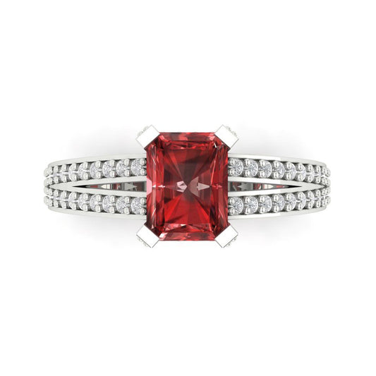 2.35 cttw Natural Garnet Solitaire with Zirconia Simulated Diamond Accents Engagement Ring - Solid White Gold (VVS1, Emerald Cut,8x6mm)