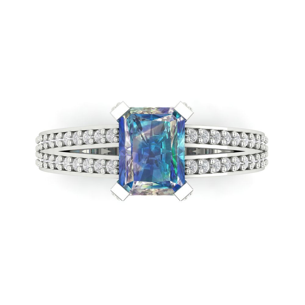 2.35 cttw Blue Moissanite Solitaire with Zirconia Simulated Diamond Accents Engagement Ring - Solid Gold (Emerald Cut,8x6mm)