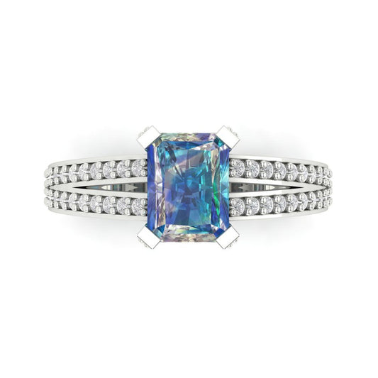 2.35 cttw Blue Moissanite Solitaire with Zirconia Simulated Diamond Accents Engagement Ring - Solid White Gold (VVS1, Emerald Cut,8x6mm)
