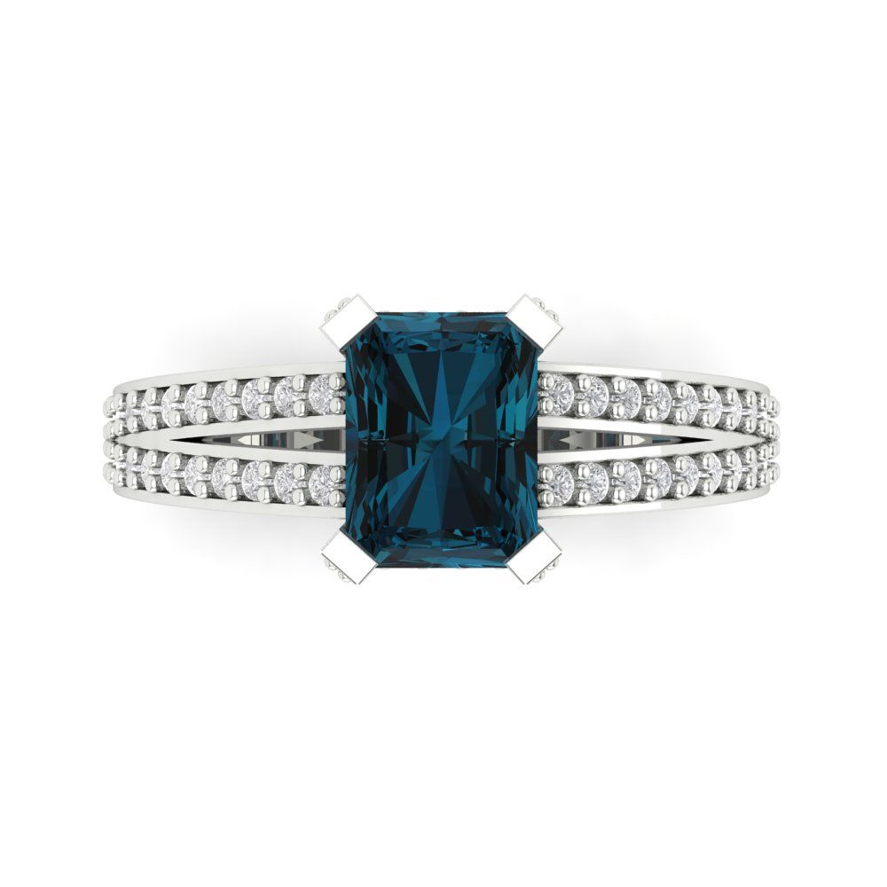 2.35 cttw Natural London Blue Topaz Solitaire with Zirconia Simulated Diamond Accents Engagement Ring - Solid Gold (Emerald Cut,8x6mm)