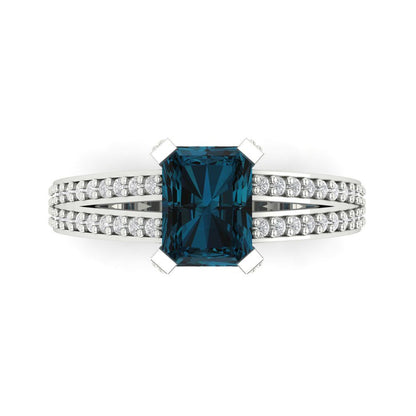 2.35 cttw Natural London Blue Topaz Solitaire with Zirconia Simulated Diamond Accents Engagement Ring - Solid Gold (Emerald Cut,8x6mm)