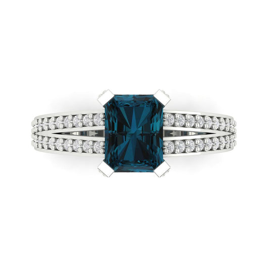 2.35 cttw Natural London Blue Topaz Solitaire with Zirconia Simulated Diamond Accents Engagement Ring - Solid White Gold (VVS1, Emerald Cut,8x6mm)