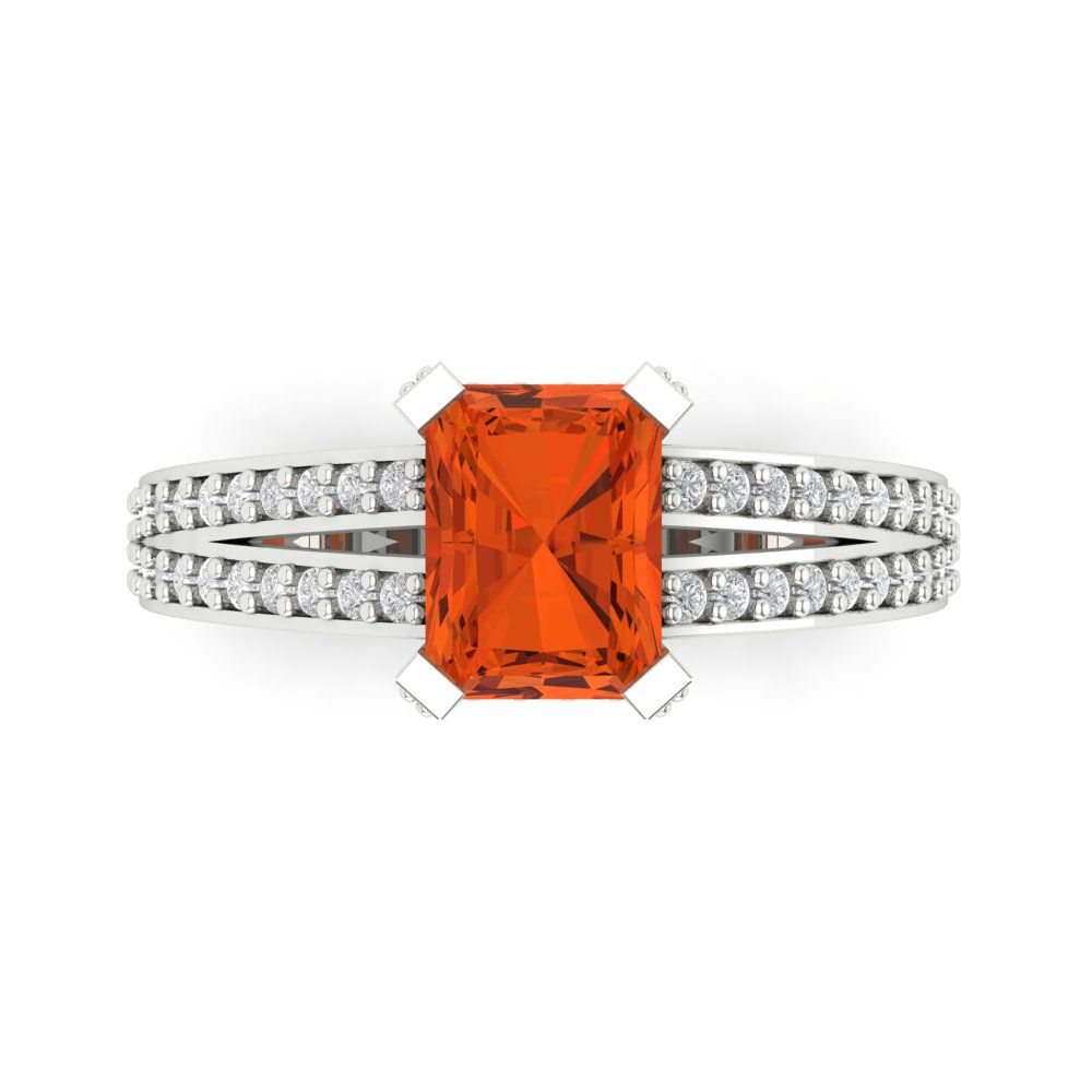 2.35 cttw Zirconia Simulated Red Diamond Solitaire with Zirconia Simulated Diamond Accents Engagement Ring - Solid White Gold (VVS1, Emerald Cut,8x6mm)