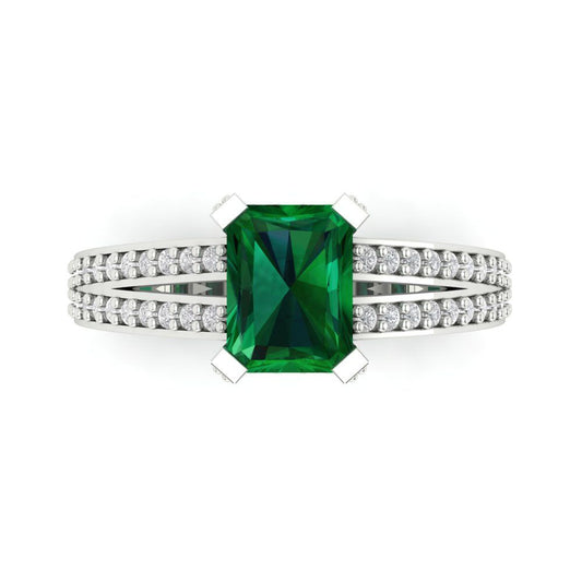 2.35 cttw Simulated Emerald Solitaire with Zirconia Simulated Diamond Accents Engagement Ring - Solid White Gold (VVS1, Emerald Cut,8x6mm)