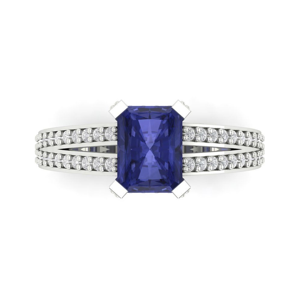 2.35 cttw Simulated Tanzanite Solitaire with Zirconia Simulated Diamond Accents Engagement Ring - Solid Gold (Emerald Cut,8x6mm)