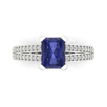 2.35 cttw Simulated Tanzanite Solitaire with Zirconia Simulated Diamond Accents Engagement Ring - Solid Gold (Emerald Cut,8x6mm)