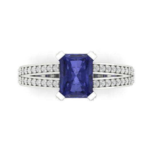 2.35 cttw Simulated Tanzanite Solitaire with Zirconia Simulated Diamond Accents Engagement Ring - Solid White Gold (VVS1, Emerald Cut,8x6mm)