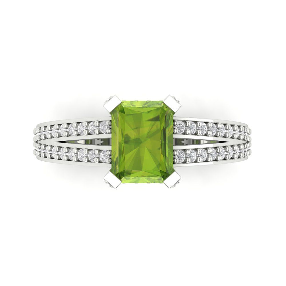 2.35 cttw Natural Peridot Solitaire with Zirconia Simulated Diamond Accents Engagement Ring - Solid Gold (Emerald Cut,8x6mm)