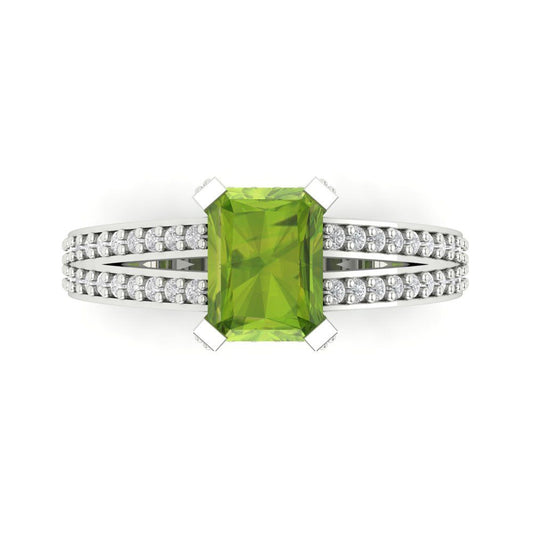 2.35 cttw Natural Peridot Solitaire with Zirconia Simulated Diamond Accents Engagement Ring - Solid White Gold (VVS1, Emerald Cut,8x6mm)