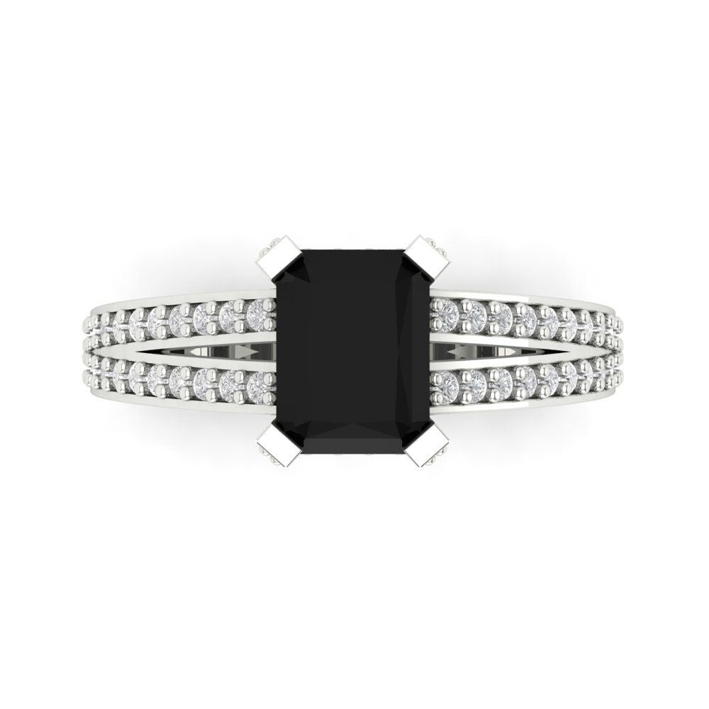 2.35 cttw Natural Onyx Solitaire with Zirconia Simulated Diamond Accents Engagement Ring - Solid Gold (Emerald Cut,8x6mm)