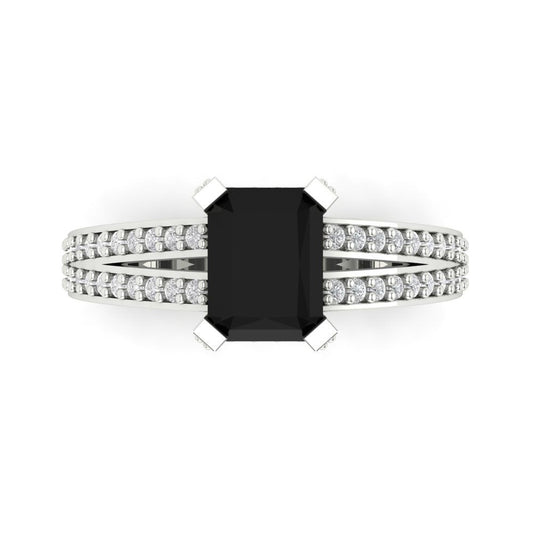 2.35 cttw Natural Onyx Solitaire with Zirconia Simulated Diamond Accents Engagement Ring - Solid White Gold (VVS1, Emerald Cut,8x6mm)