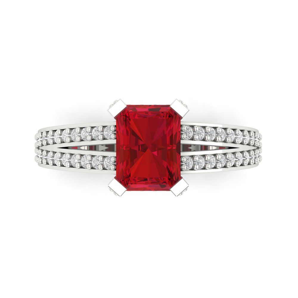 2.35 cttw Simulated Ruby Solitaire with Zirconia Simulated Diamond Accents Engagement Ring - Solid White Gold (VVS1, Emerald Cut,8x6mm)