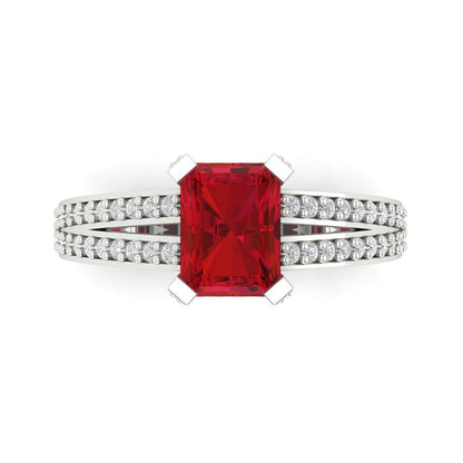 2.35 cttw Simulated Ruby Solitaire with Zirconia Simulated Diamond Accents Engagement Ring - Solid White Gold (VVS1, Emerald Cut,8x6mm)