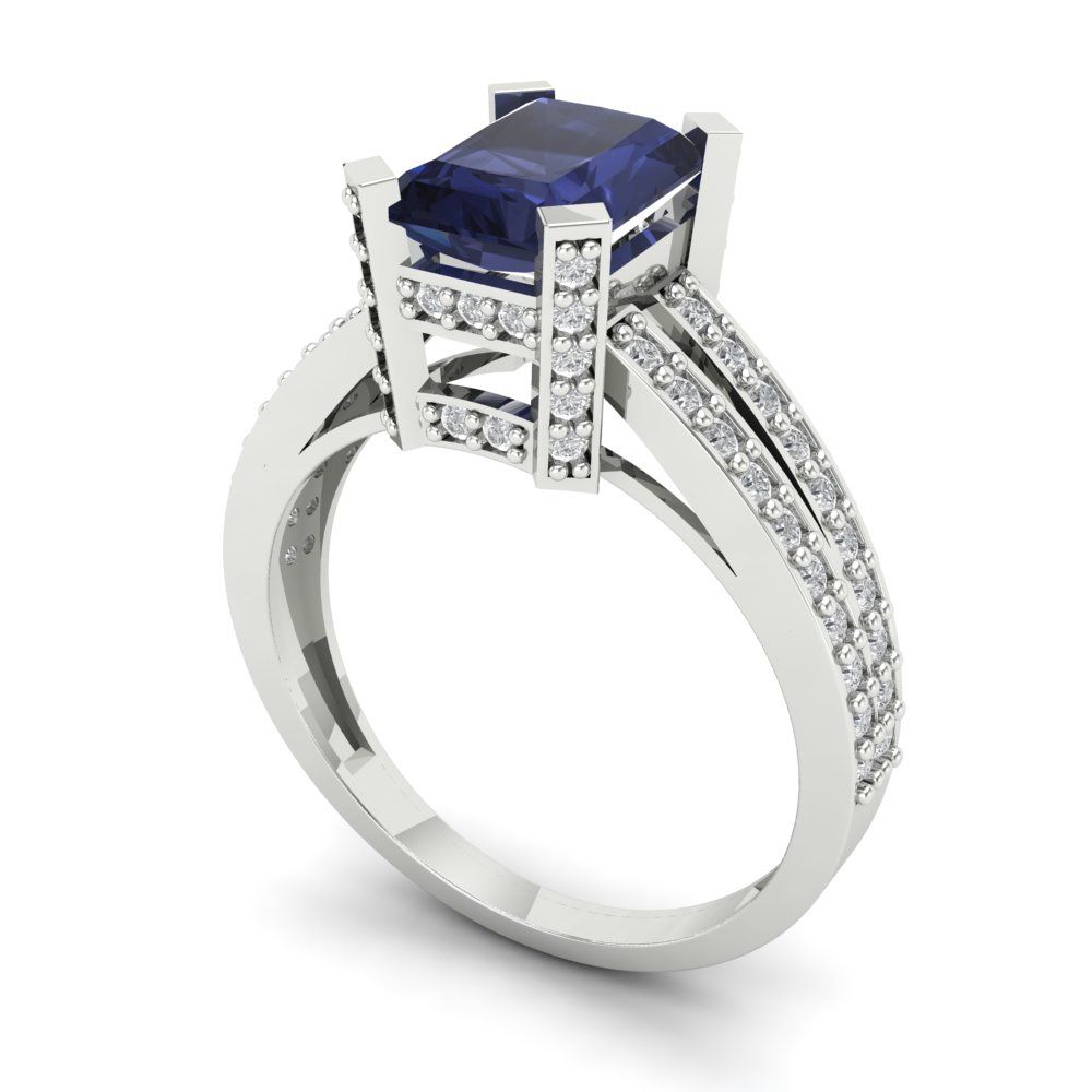 2.35 cttw Simulated Blue Sapphire Solitaire with Zirconia Simulated Diamond Accents Engagement Ring - Solid Gold (Emerald Cut,8x6mm)