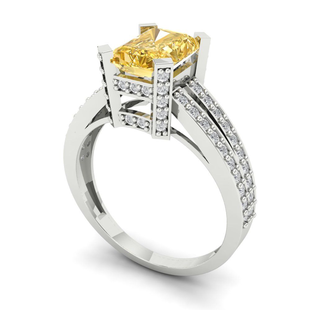 2.35 cttw Zirconia Simulated Yellow Diamond Solitaire with Zirconia Simulated Diamond Accents Engagement Ring - Solid Gold (VVS1, Emerald Cut,8x6mm)