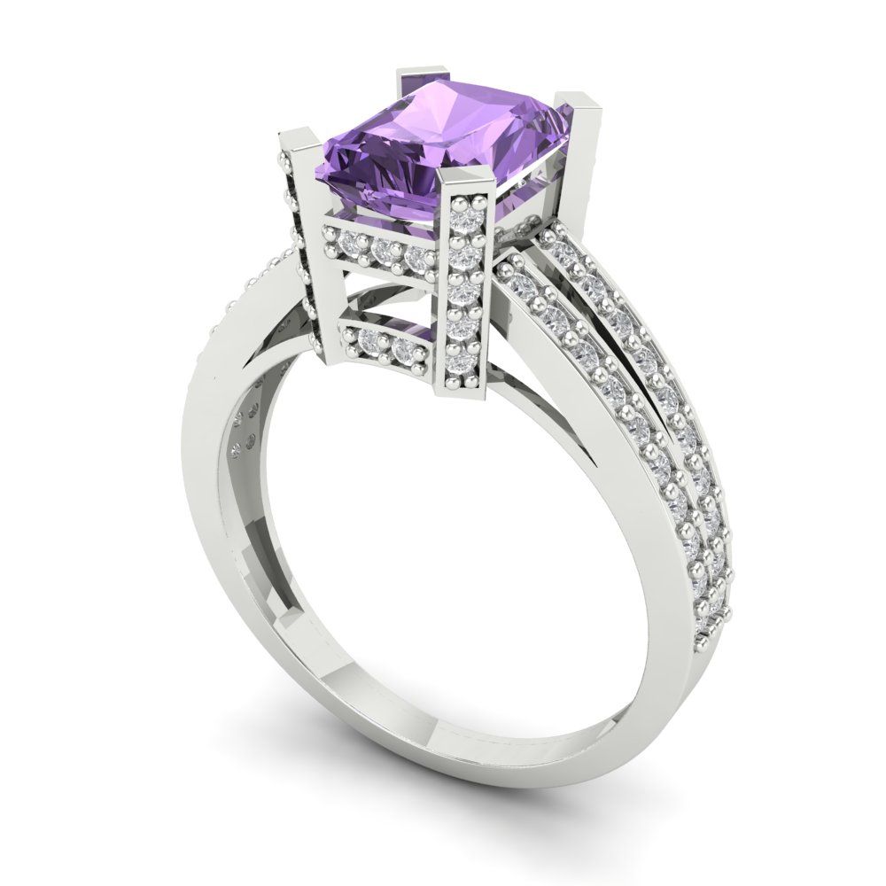 2.35 cttw Simulated Alexandrite Solitaire with Zirconia Simulated Diamond Accents Engagement Ring - Solid Gold (Emerald Cut,8x6mm)