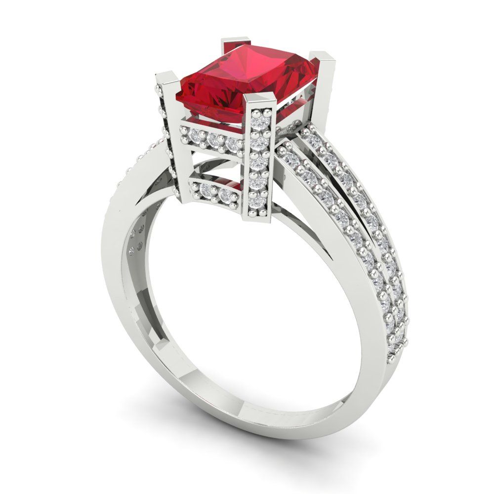 2.35 cttw Simulated Ruby Solitaire with Zirconia Simulated Diamond Accents Engagement Ring - Solid White Gold (VVS1, Emerald Cut,8x6mm)