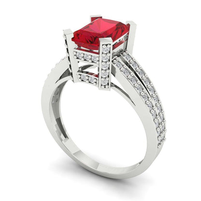 2.35 cttw Simulated Ruby Solitaire with Zirconia Simulated Diamond Accents Engagement Ring - Solid White Gold (VVS1, Emerald Cut,8x6mm)