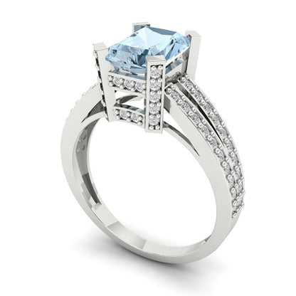 2.35 cttw Natural Aquamarine Solitaire with Zirconia Simulated Diamond Accents Engagement Ring - Solid Gold (Emerald Cut,8x6mm)