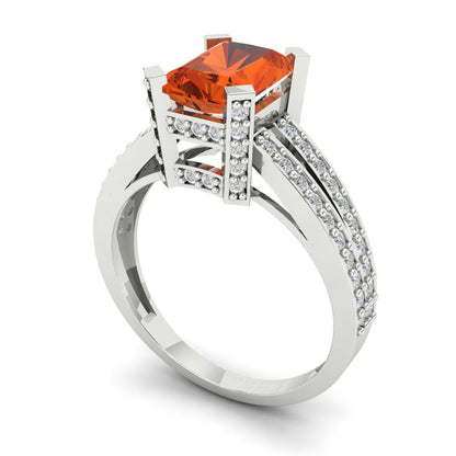 2.35 cttw Zirconia Simulated Red Diamond Solitaire with Zirconia Simulated Diamond Accents Engagement Ring - Solid White Gold (VVS1, Emerald Cut,8x6mm)
