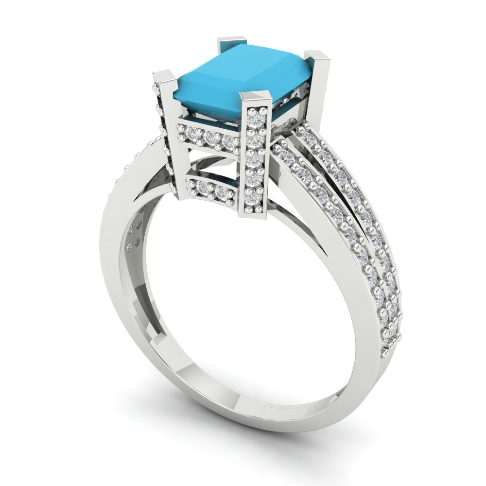 2.35 cttw Simulated Turquoise Solitaire with Zirconia Simulated Diamond Accents Engagement Ring - Solid Gold (Emerald Cut,8x6mm)