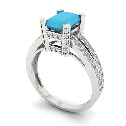 2.35 cttw Simulated Turquoise Solitaire with Zirconia Simulated Diamond Accents Engagement Ring - Solid Gold (Emerald Cut,8x6mm)