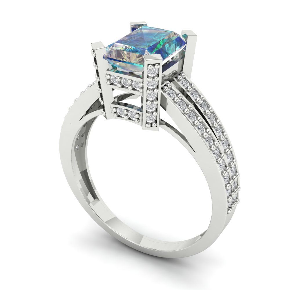 2.35 cttw Blue Moissanite Solitaire with Zirconia Simulated Diamond Accents Engagement Ring - Solid Gold (Emerald Cut,8x6mm)