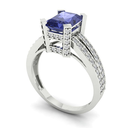 2.35 cttw Simulated Tanzanite Solitaire with Zirconia Simulated Diamond Accents Engagement Ring - Solid Gold (Emerald Cut,8x6mm)
