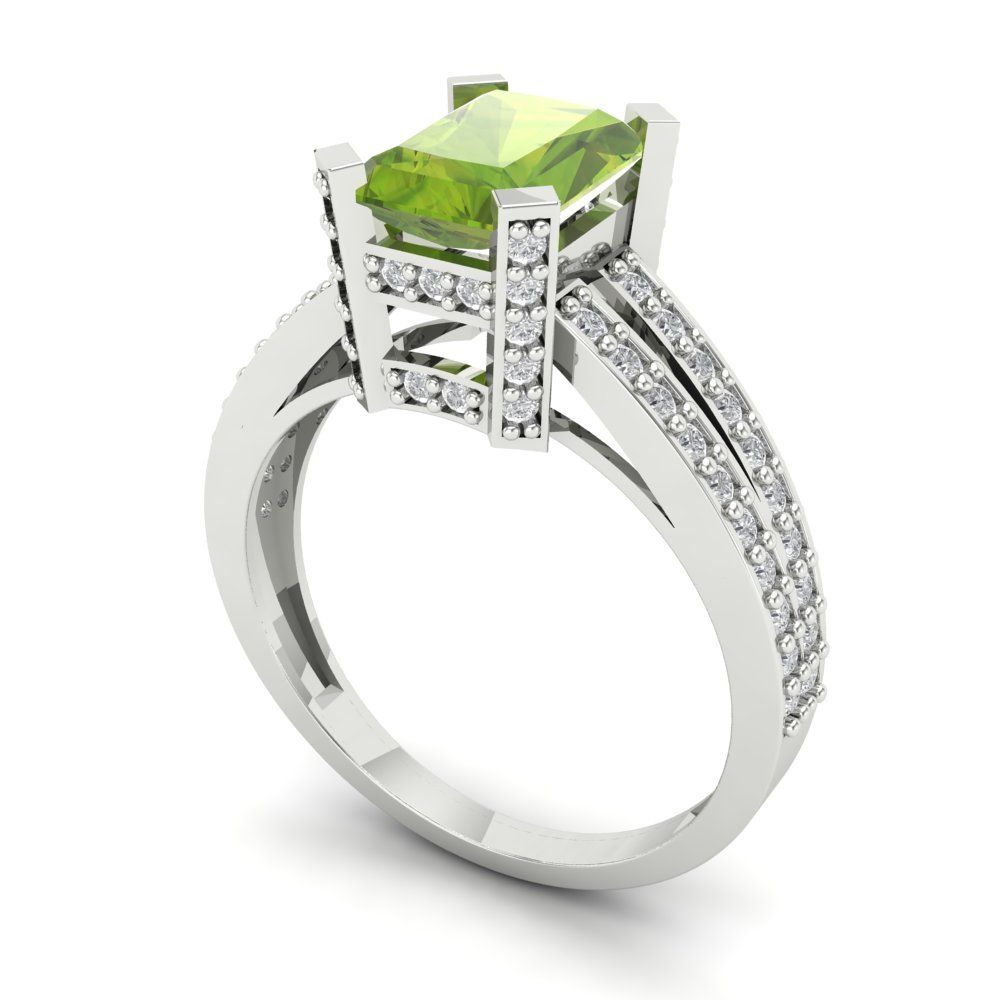 2.35 cttw Natural Peridot Solitaire with Zirconia Simulated Diamond Accents Engagement Ring - Solid Gold (Emerald Cut,8x6mm)