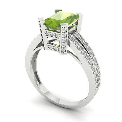 2.35 cttw Natural Peridot Solitaire with Zirconia Simulated Diamond Accents Engagement Ring - Solid Gold (Emerald Cut,8x6mm)