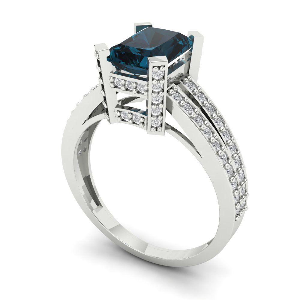 2.35 cttw Natural London Blue Topaz Solitaire with Zirconia Simulated Diamond Accents Engagement Ring - Solid Gold (Emerald Cut,8x6mm)