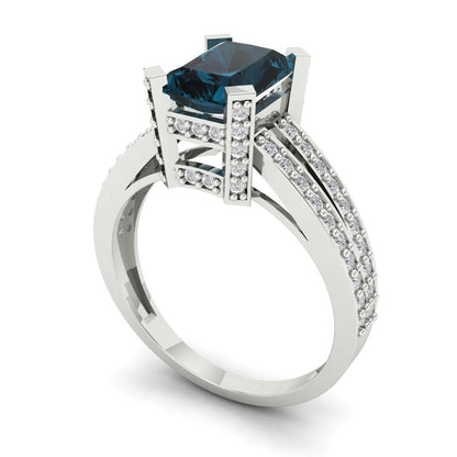 2.35 cttw Natural London Blue Topaz Solitaire with Zirconia Simulated Diamond Accents Engagement Ring - Solid Gold (Emerald Cut,8x6mm)